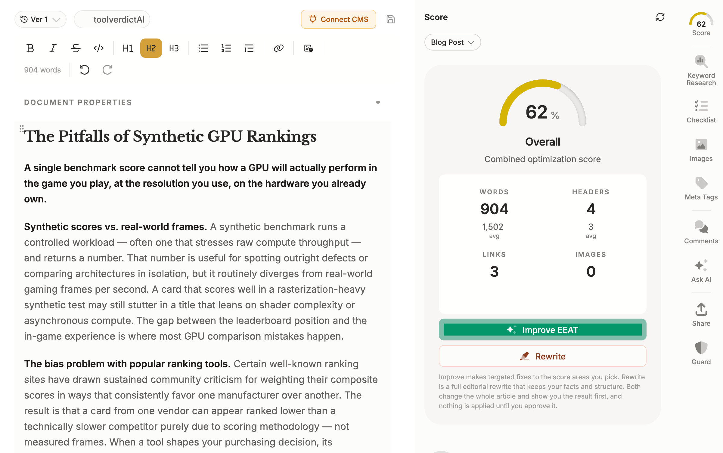 Frase draft editor showing a generated article with headings and a sidebar score.